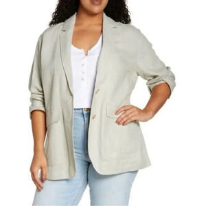 Madewell Oversized Blazer Jacket Small Green Linen Blend Single Breasted Pockets